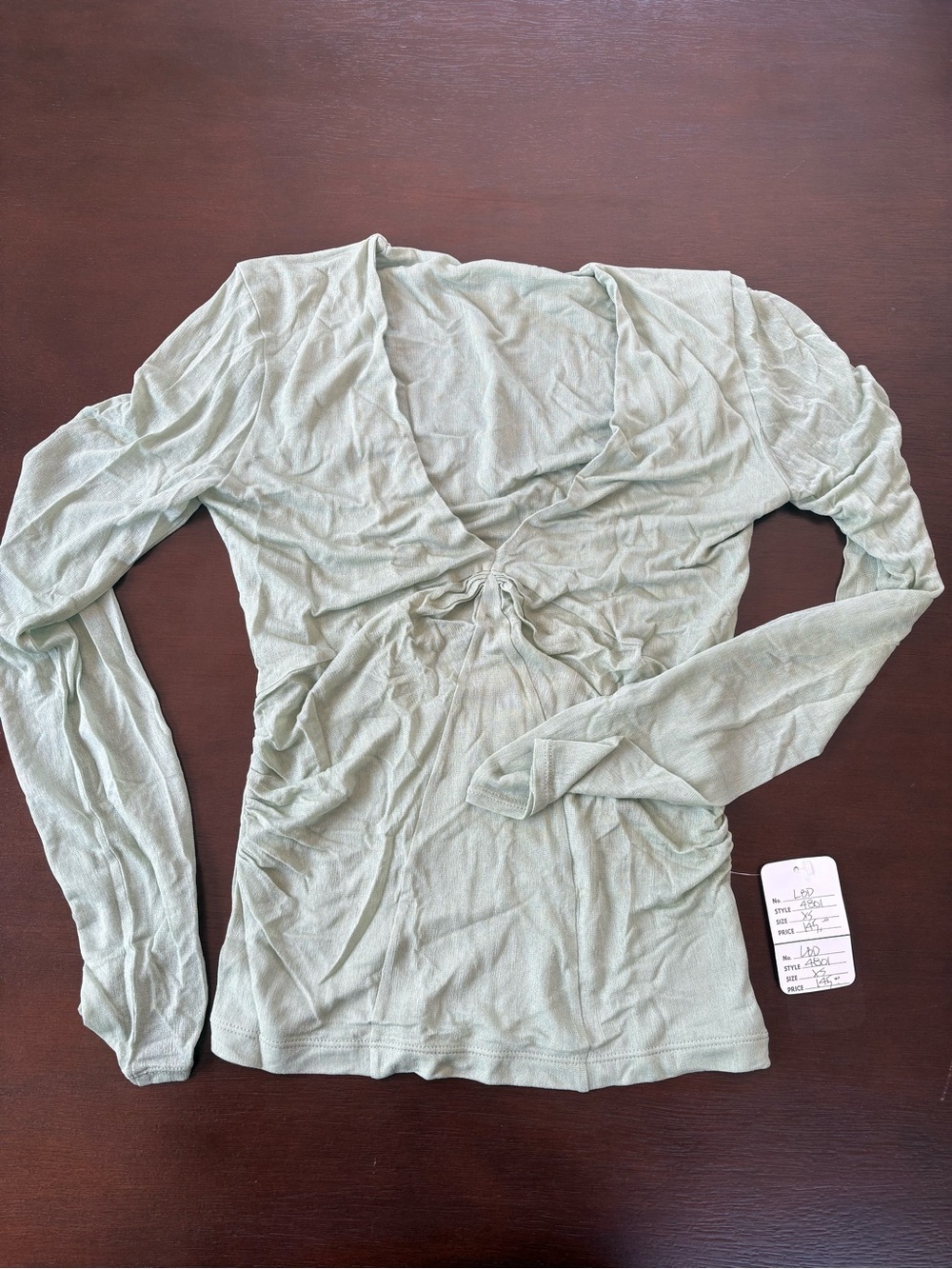 Light Sage Mesh Long-Sleeve V-Neck Twist-Front Top